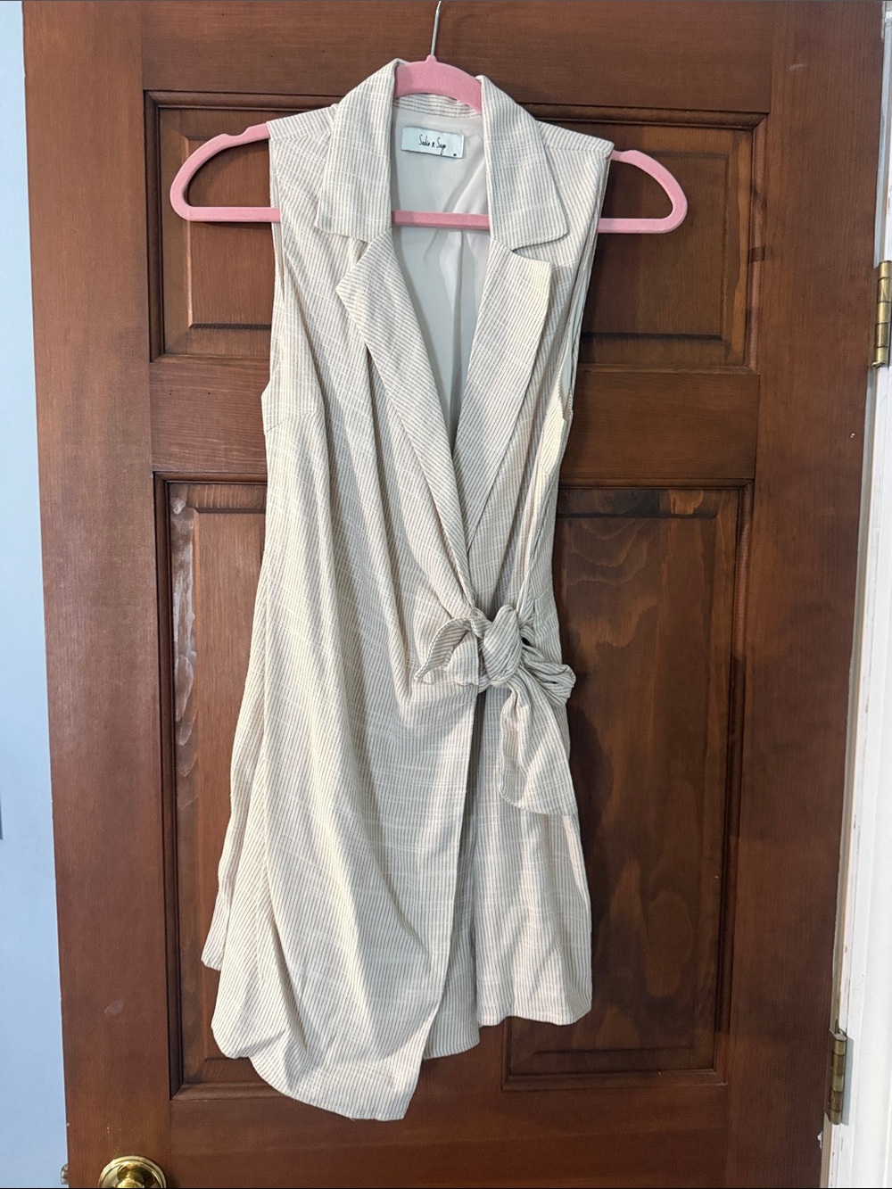 Sadie & Sage Cream Pinstripe Sleeveless Wrap Mini Dress